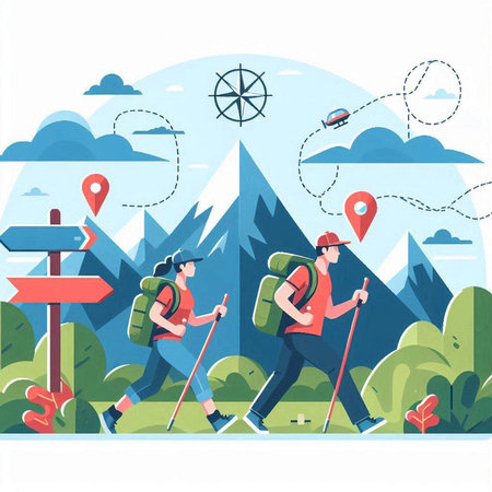 Hiking and trekking in the mountains. Vector illustration in flat styleのイラスト素材