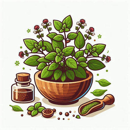 Oregano plant in a wooden bowl. Vector illustration of herbs.のイラスト素材