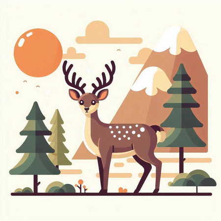 Deer in the forest. Vector illustration in flat design style.のイラスト素材