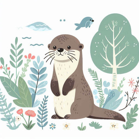 Cute little otter sitting in the forest. Vector illustration.のイラスト素材