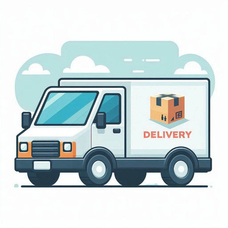 Delivery truck with cardboard box. Vector illustration in flat cartoon style.のイラスト素材