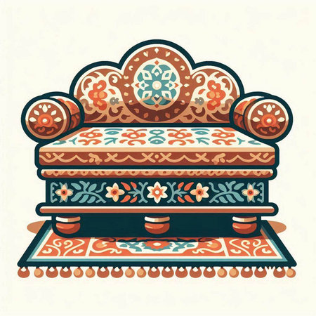 Vintage sofa with floral ornament. Vector illustration in retro style.のイラスト素材
