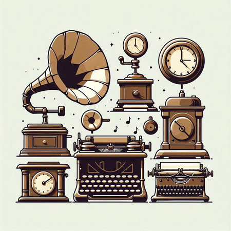 Vintage vector illustration of a set of different types of old gramophone.のイラスト素材