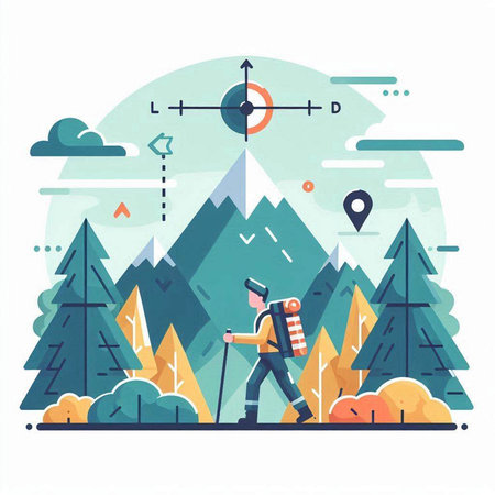 Tourist with backpack walking in the forest. Vector illustration in flat styleのイラスト素材