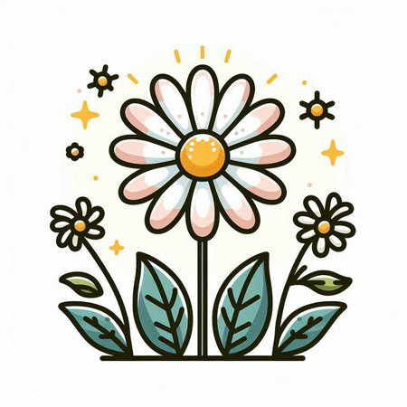Daisy flower with leaves and stars. Hand drawn vector illustration.のイラスト素材