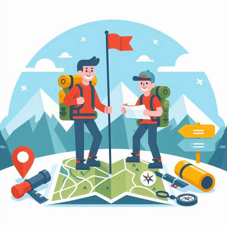 Hiking vector illustration. Man and woman standing on the map, holding a flag and a map.のイラスト素材