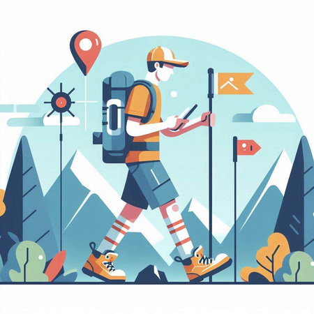 Hiking man with backpack and tablet. Vector illustration in flat styleのイラスト素材