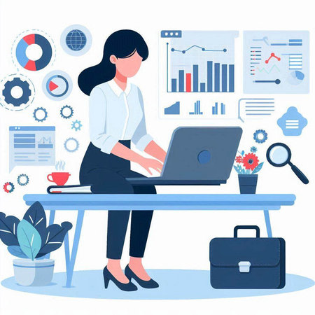 Businesswoman working on laptop in office. Vector illustration in flat styleのイラスト素材