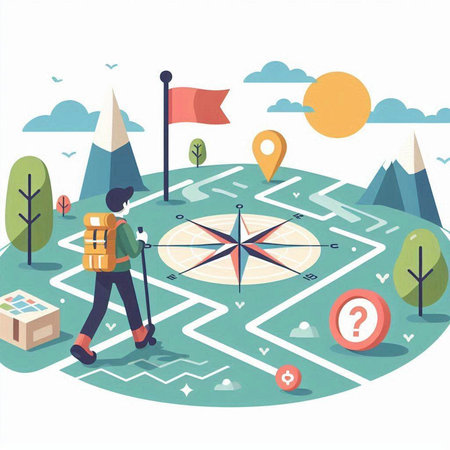 Vector illustration of a man with a map and compass on the background of natureのイラスト素材