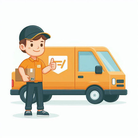 Delivery man in uniform holding parcel box and showing thumbs up. Vector illustration.のイラスト素材