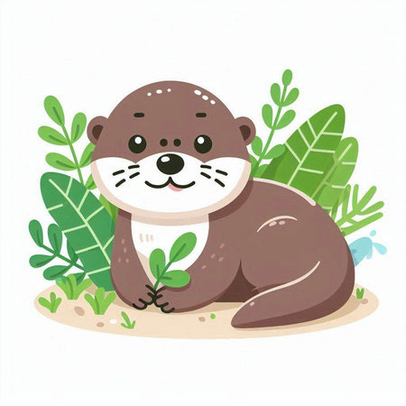 Cute little otter sitting in the grass. Vector illustration.のイラスト素材