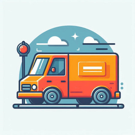 Colorful flat vector illustration of a van on the road. Concept of travel, vacation, transport.のイラスト素材