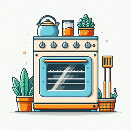 Kitchen stove with utensils. Vector illustration in cartoon style.のイラスト素材