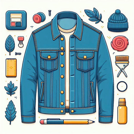 Vector illustration of men's denim jacket with a cap, scarf and accessories.のイラスト素材