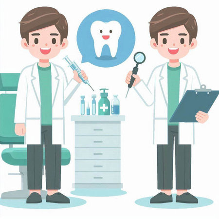 Dentist and dentist with stomatology equipment, vector illustrationのイラスト素材