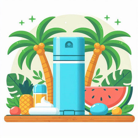Illustration of summer vacation. Refrigerator, watermelon, coconut, pineapple, sunblock cream. Vector illustrationのイラスト素材