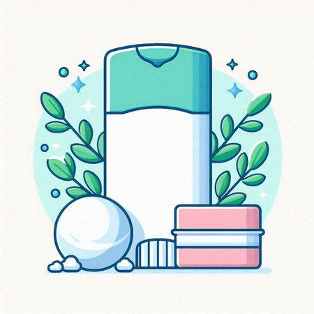 Cosmetic cream bottle with green leaves on a white background. Vector illustration.のイラスト素材