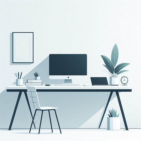 Minimalistic workplace with computer on table and chair. Workplace concept. 3D Renderingのイラスト素材