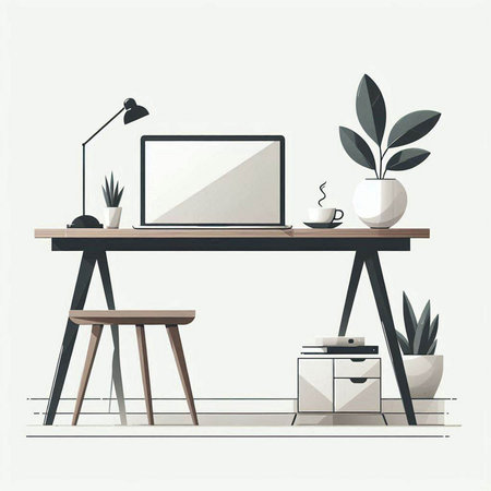 Interior of modern home office. Workplace with computer, coffee cup and plant. Vector illustrationのイラスト素材