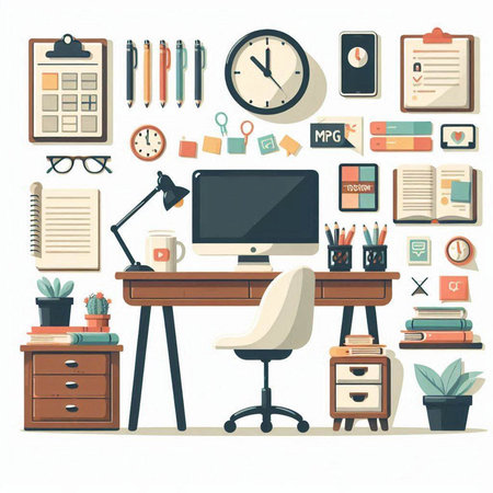 Office workplace. Workplace with computer, books, stationery and other items. Vector illustrationのイラスト素材