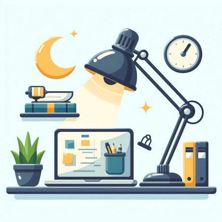 Flat design vector illustration concept of office workspace. Workplace with laptop, lamp, stationery and clock.のイラスト素材