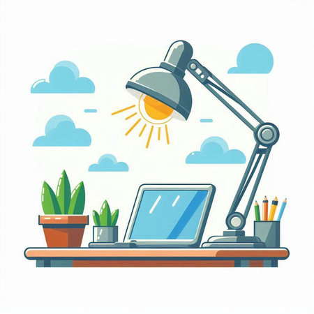 Workplace with laptop, lamp and plant. Flat style vector illustration.のイラスト素材