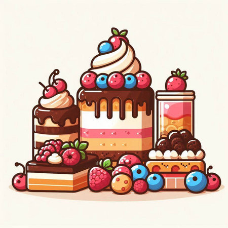 Set of sweet cakes with berries and fruits. Vector cartoon illustration.のイラスト素材