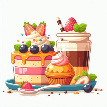 Cupcake with whipped cream, strawberry, blueberry and coffee. Vector illustration.のイラスト素材