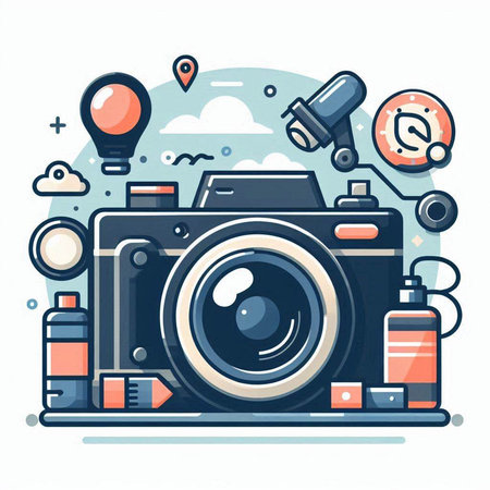 Vector illustration of camera and travel icons on white background. Line art design for web, site, advertising, banner, poster, board and print.のイラスト素材