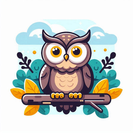 Cute cartoon owl sitting on a branch. Vector illustration in a flat style.のイラスト素材