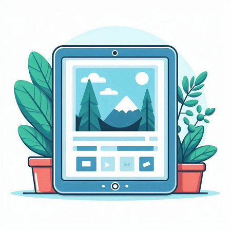 Vector illustration of a tablet with a picture of a mountain on the screen.のイラスト素材