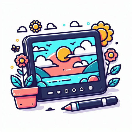 Vector illustration of a stylized image of a tablet with a picture of the sun, clouds, flowers and a pencilのイラスト素材