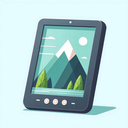 Tablet PC with mountains and trees on the screen. Vector illustration.のイラスト素材