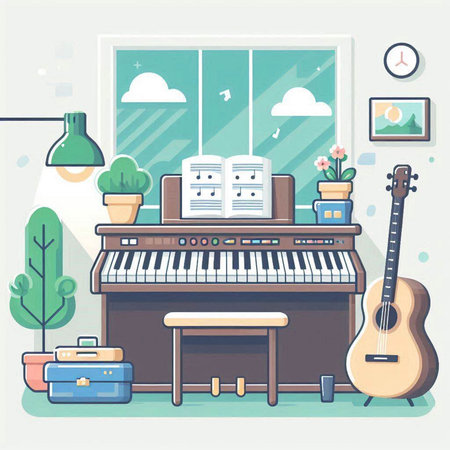 Piano and guitar in the room. Flat design vector illustration.のイラスト素材