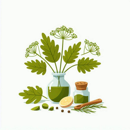 Herbs and spices - parsley, dill, thyme, lemon, pepperのイラスト素材