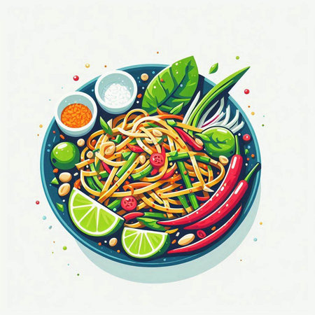 Spaghetti with chili pepper and lime. Asian cuisine. Vector illustrationのイラスト素材