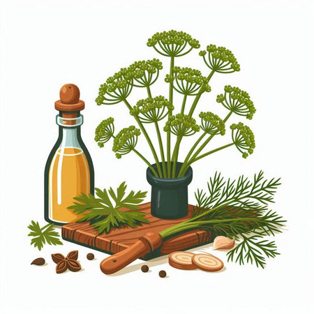 Dill herb and essential oil in glass bottle. Vector illustration.のイラスト素材