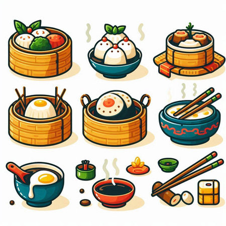 Cartoon chinese food icons set isolated on white background. Vector illustration.のイラスト素材