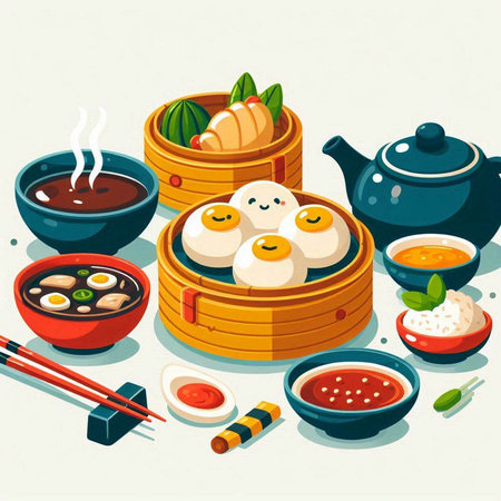 Illustration of Chinese food in bamboo steamer. Vector illustration.のイラスト素材