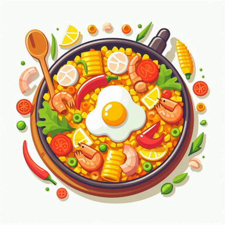 Fried egg with vegetables in frying pan. Cartoon vector illustration.のイラスト素材