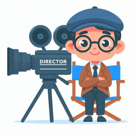 Cinema director with camera and chair. Vector illustration in cartoon styleのイラスト素材
