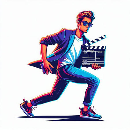 Hipster young man with clapperboard. Vector illustration.のイラスト素材
