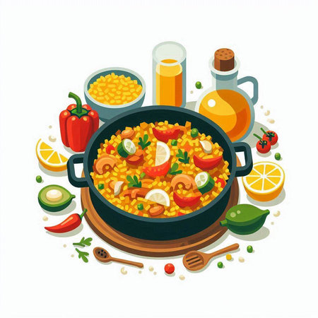 Illustration of paella in a frying pan with vegetables and spices.のイラスト素材