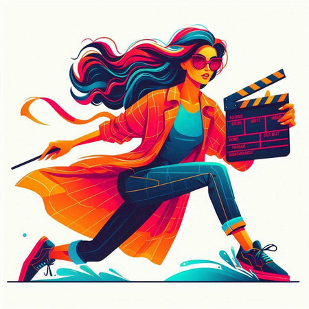 Beautiful young woman with a movie clapper. Vector illustration.のイラスト素材