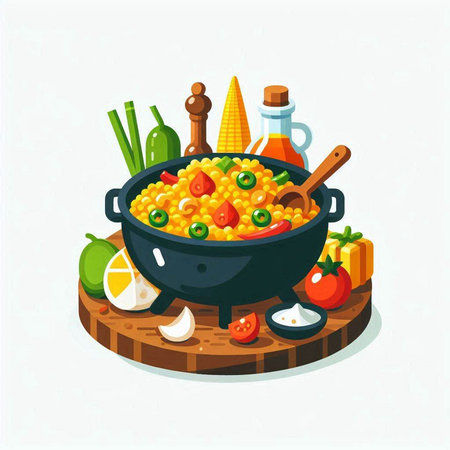 Mexican cuisine vector illustration. Traditional mexican food in cauldron.のイラスト素材