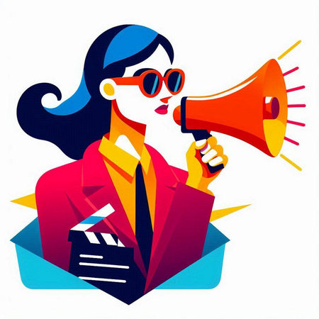 Woman with megaphone and clapperboard. Vector illustration.のイラスト素材