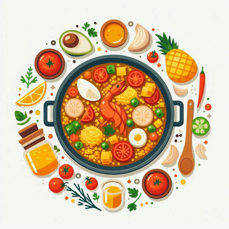 Cute cartoon vector illustration of paella with vegetables and spices.のイラスト素材