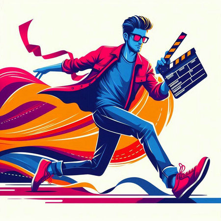 Hipster man running with clapperboard. Vector illustration.のイラスト素材