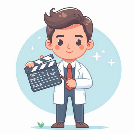 Cute cartoon doctor holding a clapperboard. Vector illustration.のイラスト素材