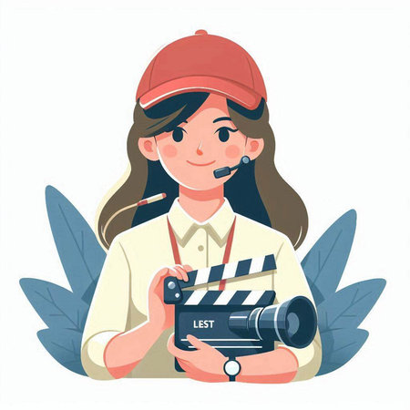 Cinema girl with video camera. Vector illustration in cartoon style.のイラスト素材